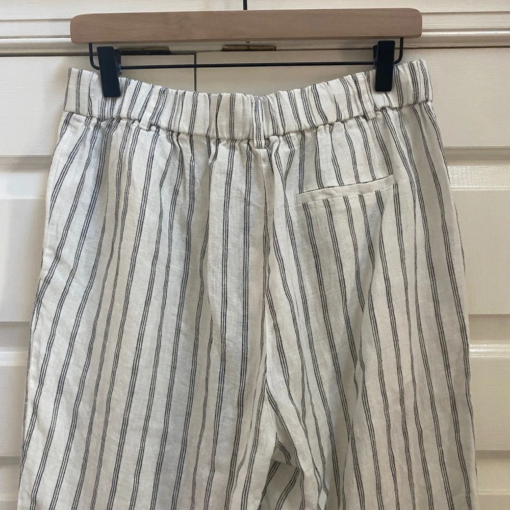 NWT Quince European Linen Women 8 Wide Leg Pant Oatmeal Stripe Eco Coastal